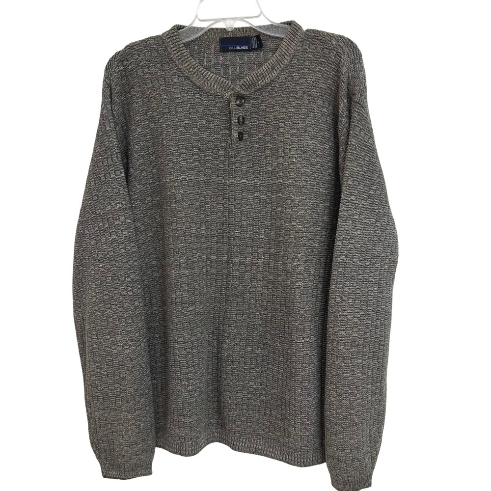 VTG Bill Blass Mens Waffle Knit Henley Sweater Sz L Brown/Gray Heather EUC USA